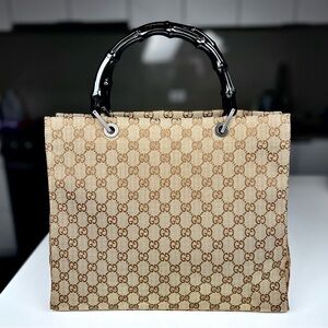 Gucci GG Monogram Canvas Bamboo Hand Bag